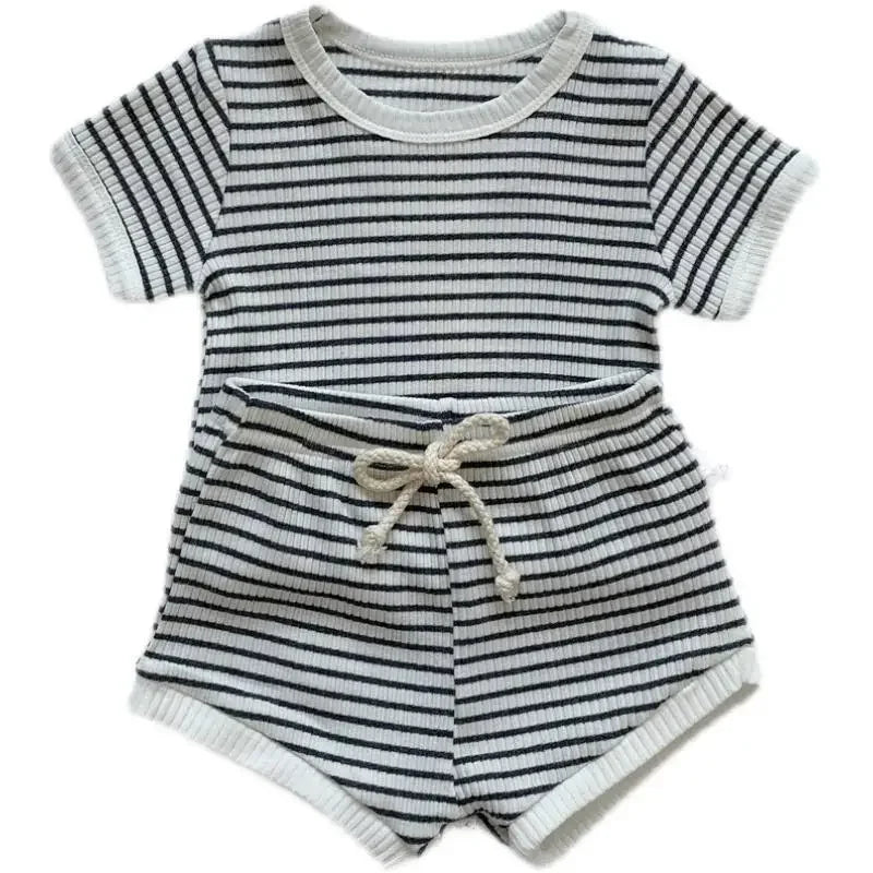 2 Pieces Boy Clothes Sets Soft Short Sleeve T-shirt Tops Striped Shorts