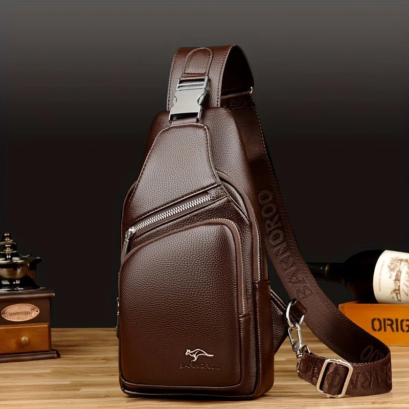 Men’s Vintage PU Leather Sling Bag – Large Capacity Crossbody Chest Bag with Multi-Pockets, Secure Buckle Closure