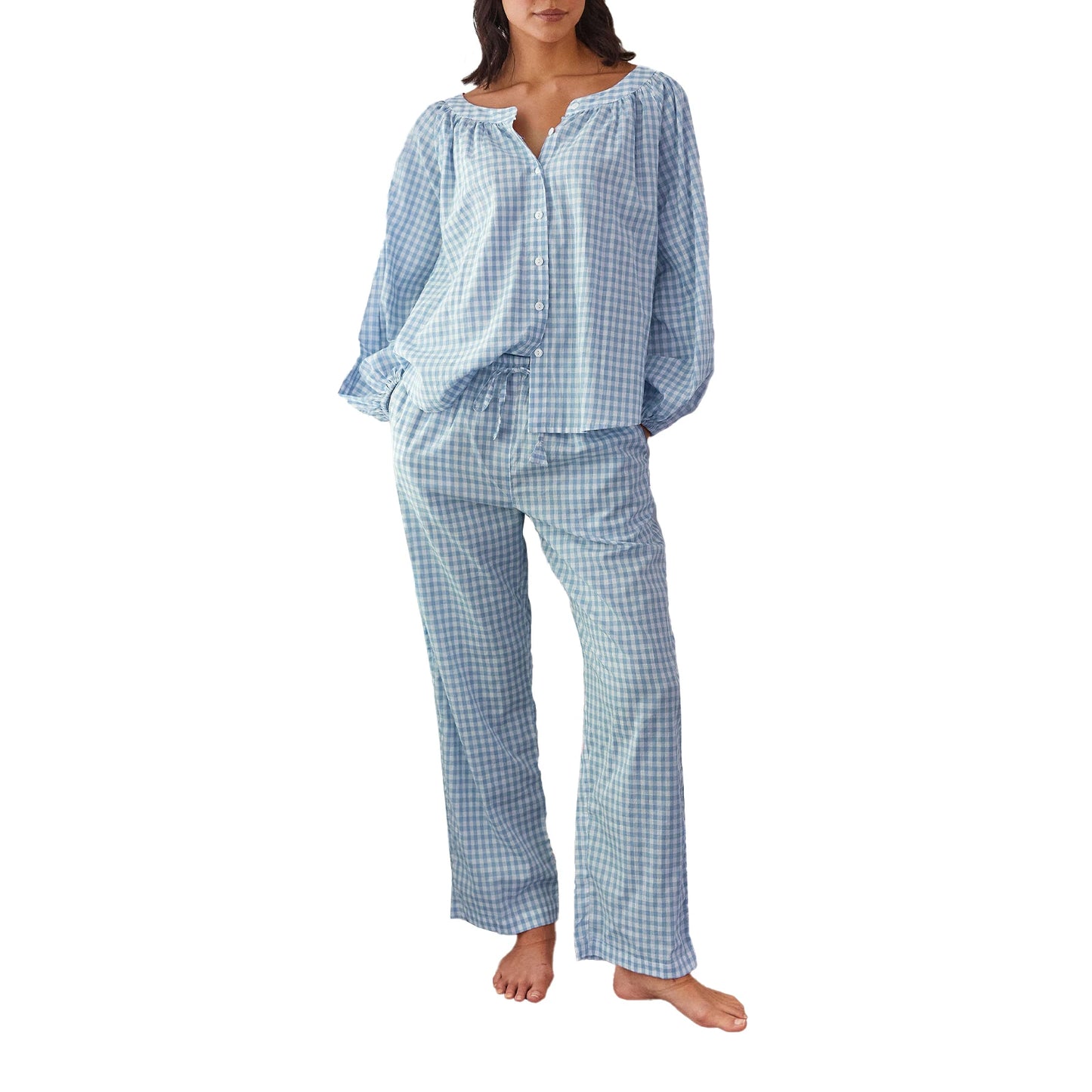 Women s Cozy Plaid Print Pajama Set with Long Lantern Sleeves and Elastic Waistband - Button Down Top and Lounge Pants