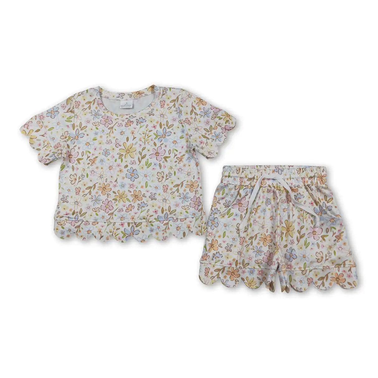 Girls Colorful Flowers Top with Scallop Short Sets
