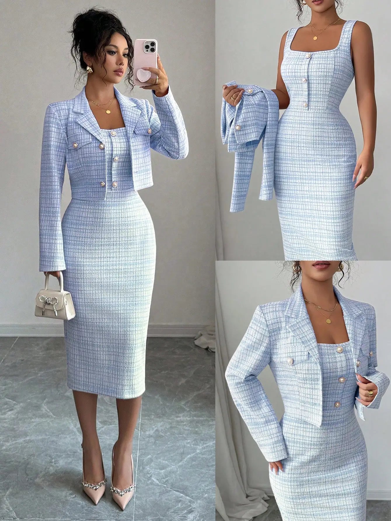 Elegant Tweed 2-Piece Set: Short Blazer Jacket + Sleeveless Fitted Bodycon Dress