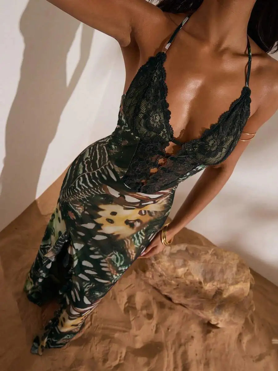 Floral Print Halter Neck Lace Mesh Maxi Dress