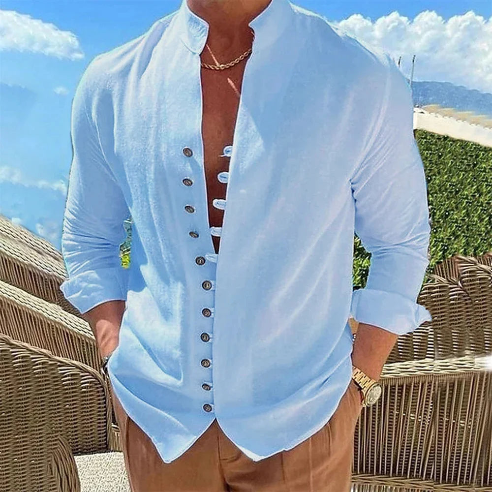 Men's Cotton Linen Shirt, Long-Sleeved, Solid Color Button Up