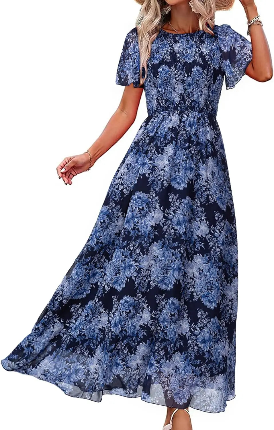 Womens Casual Floral Summer Maxi Dress 2026 Boho Flowy Short Sleeve Crew Neck Vacation Smocked Chiffon Dresses