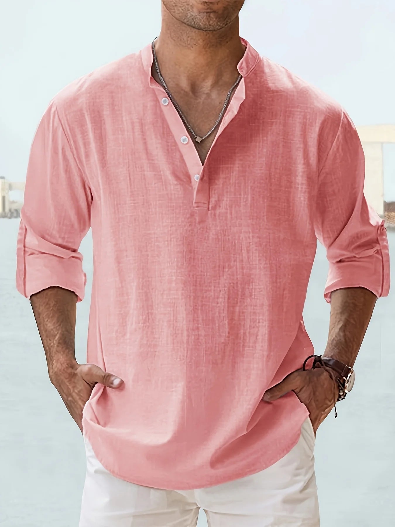 Men's Cotton Linen Shirt with Stand Collar, Long Sleeve, Loose Fit