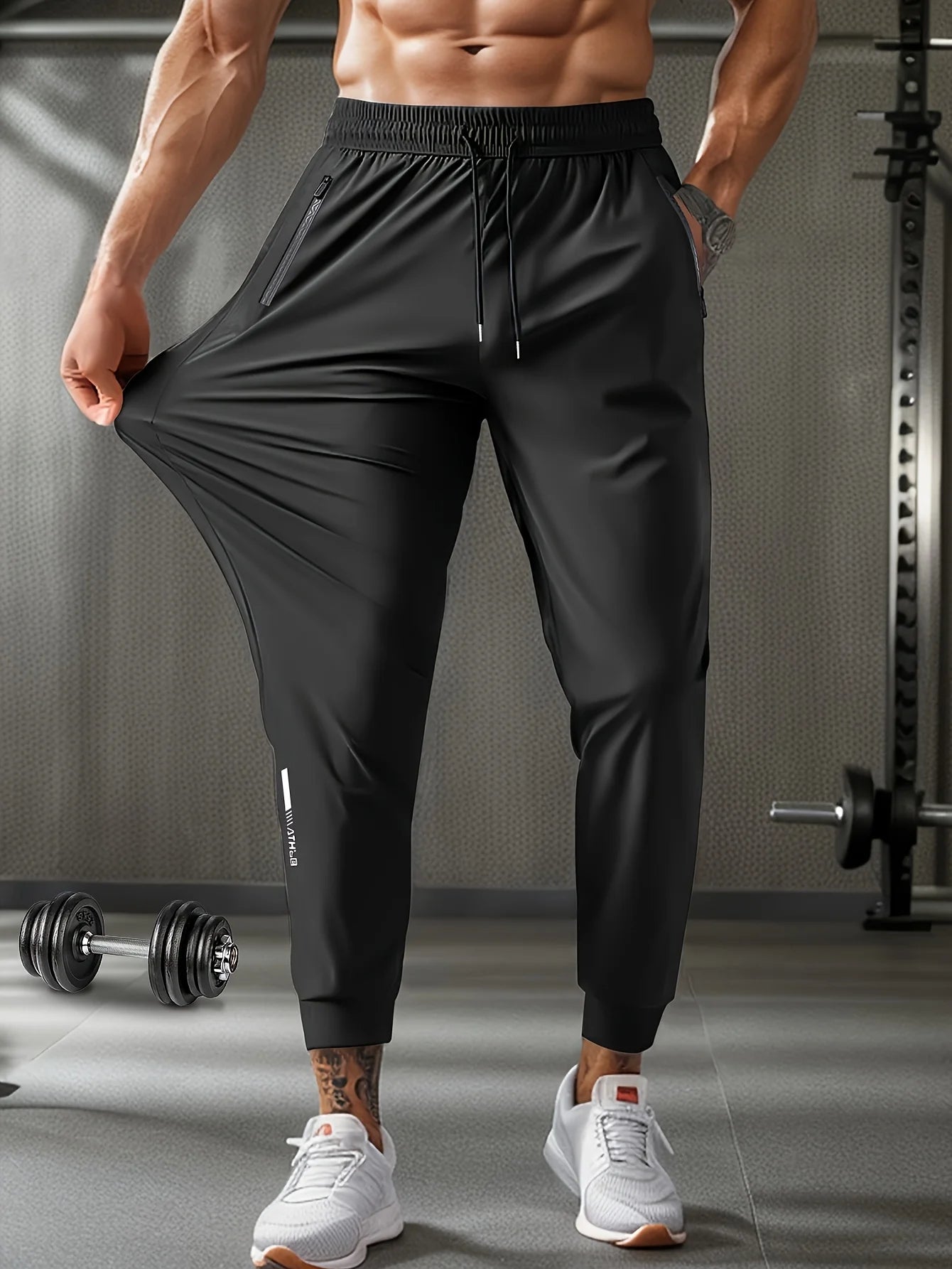 Men's Waist Drawstring Quick-drying High Elasticity  Sports Training Outdoor Long Pants With Zipper Pockets