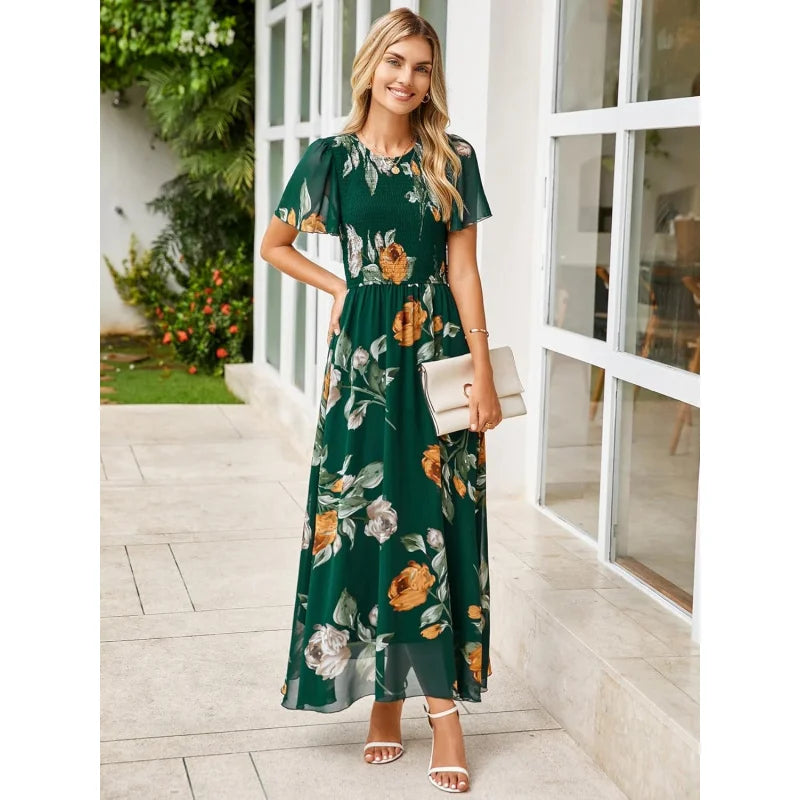 Womens Casual Floral Summer Maxi Dress 2026 Boho Flowy Short Sleeve Crew Neck Vacation Smocked Chiffon Dresses