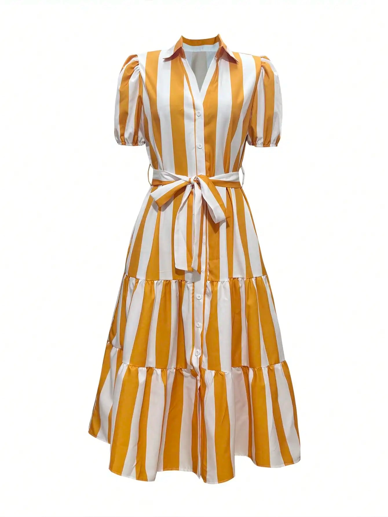 Striped Floral Embroidered Midi Dress With Collar Puff Sleeves Tie-Up Waist