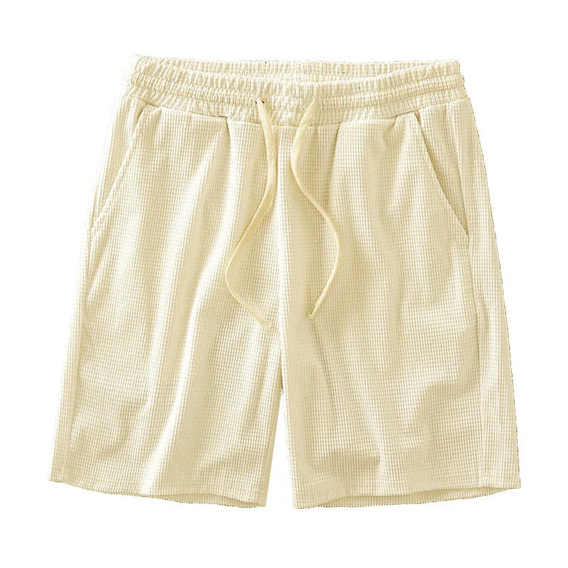 Men Shorts Solid Color Mid Waist, Waffle Texture Deep Crotch Drawstring, Loose Knee Length