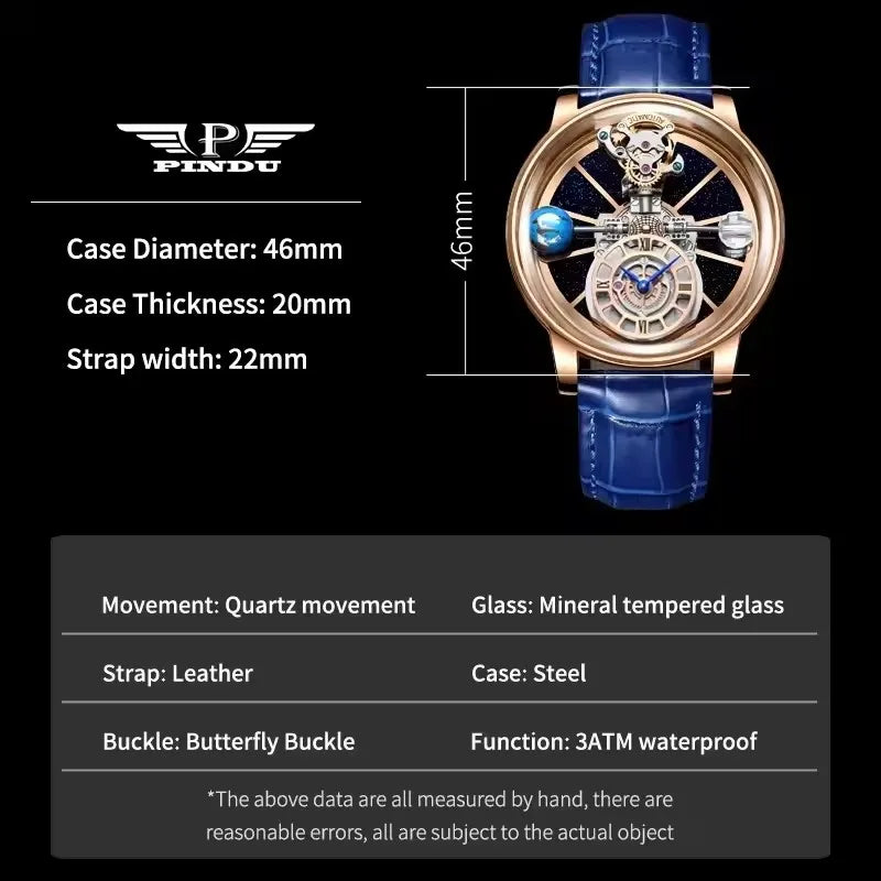 Man Wristwatch Transparent Hollow Design Celestial Roulette Quartz Watches Water Resistant Leather