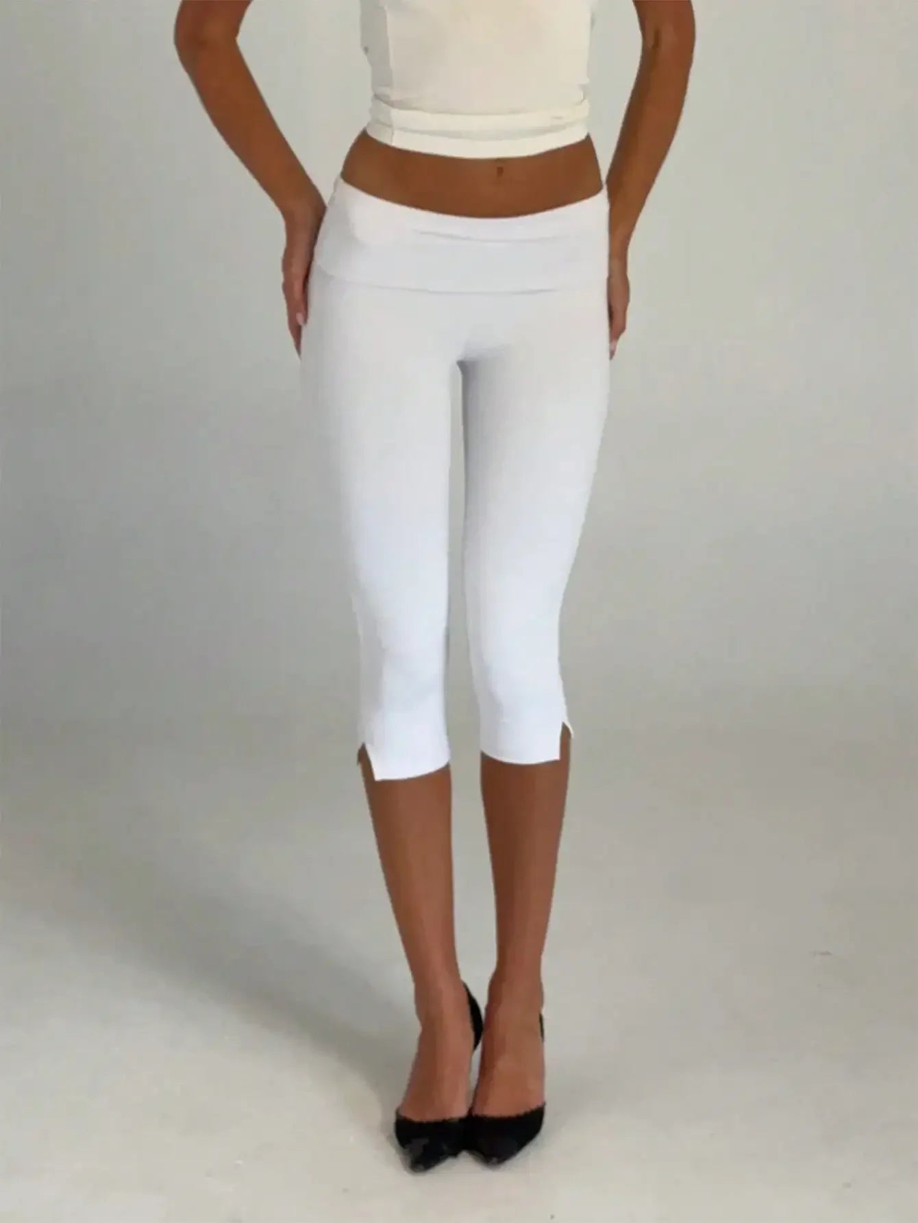 Women's Low Waist Capri Leggings Fold Over Waistband Split Hem Solid Color Slim Fit Stretchy Cropped Leggings Buttery