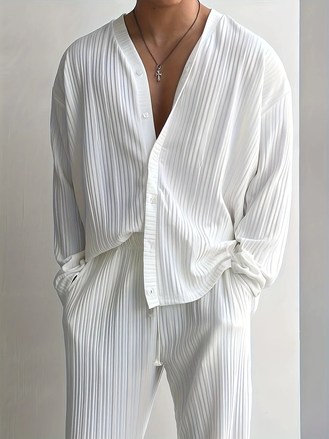 Casual button-down shirt long sleeve pants cool men's commuter two-piece set