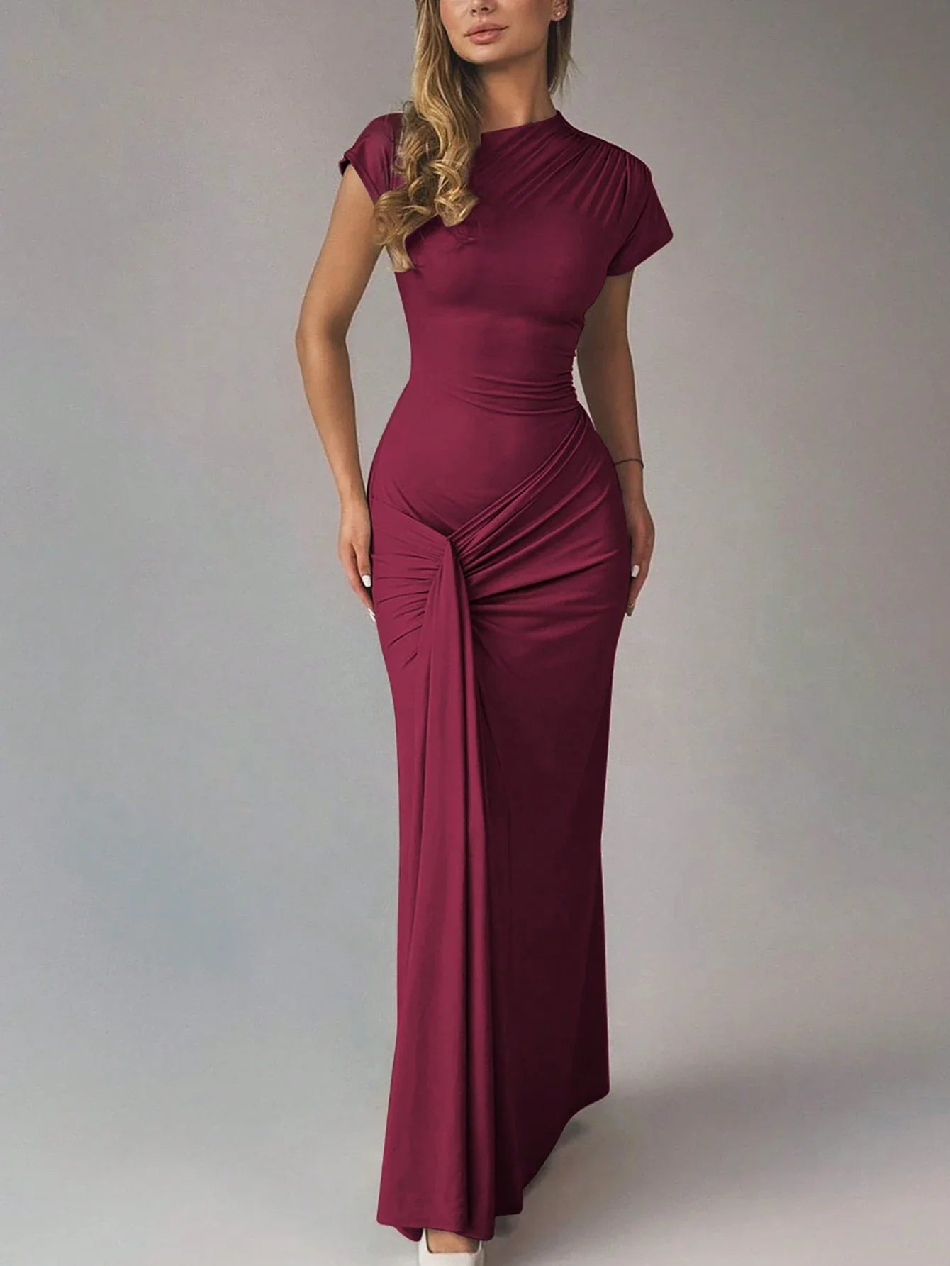 Burgundy Short Sleeve Floor-Length Dress With Draped Detail