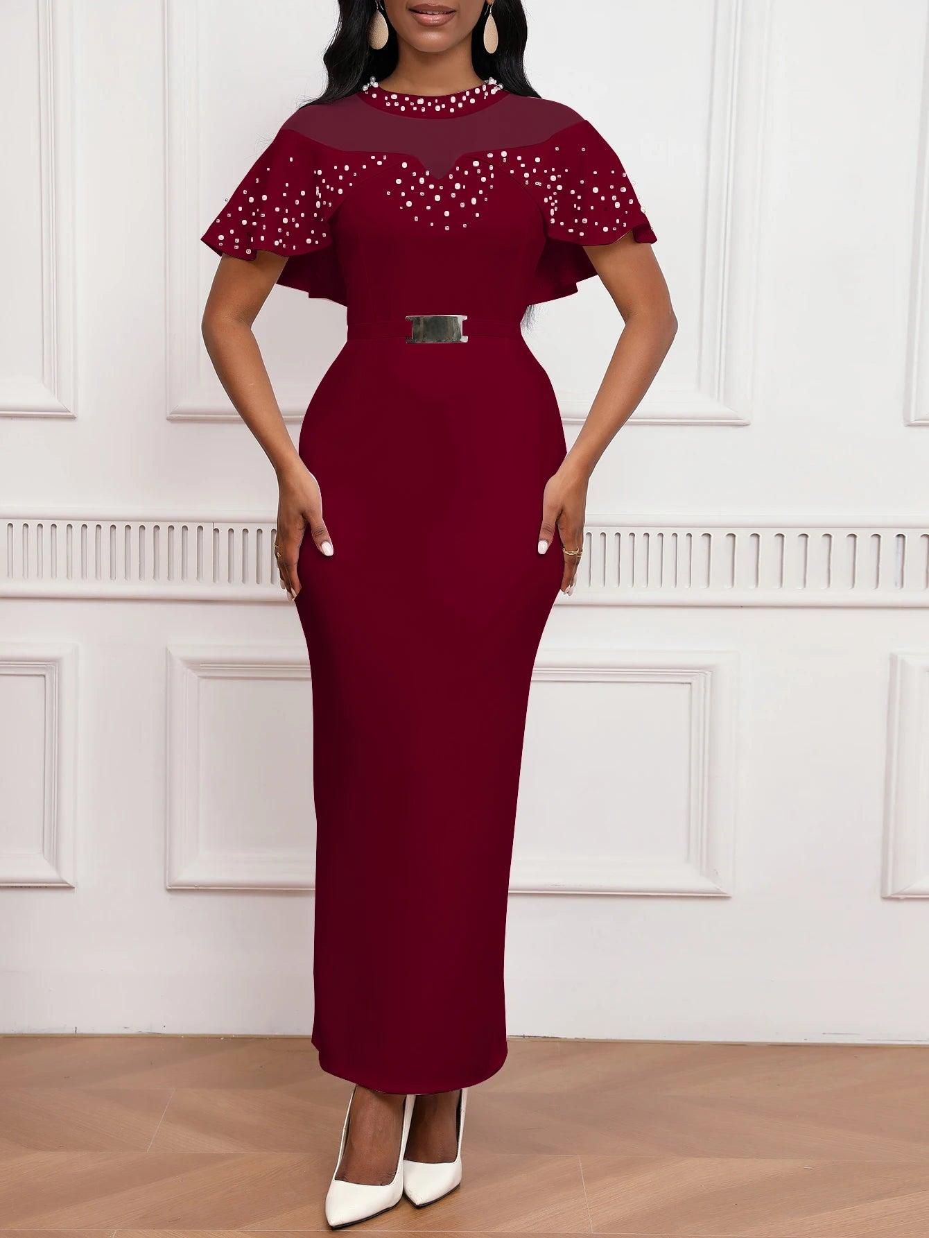 Elastic Dress with Beaded Tulle Shawl Sleeves, Belted, Slim-Fitting, and Pencil Long Skirt