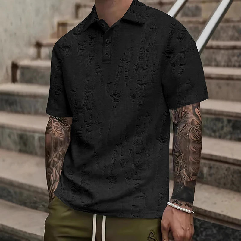 Men s Casual Short Sleeve T-Shirts with Vintage Distressed Texture and Stylish Button Lapel V Neck Design