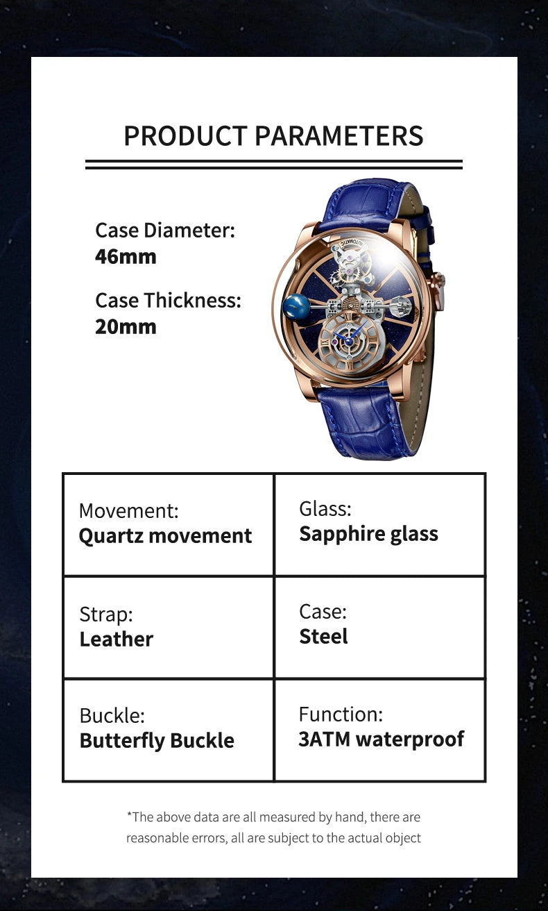 Man Wristwatch Transparent Hollow Design Celestial Roulette Quartz Watches Water Resistant Leather