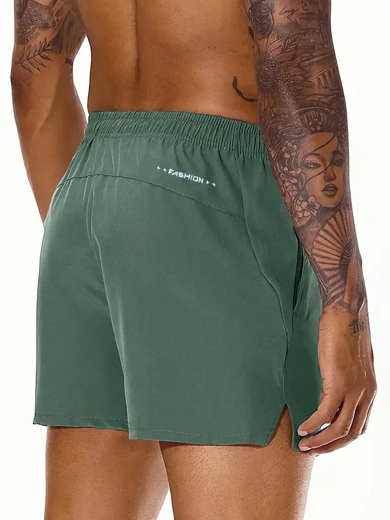 Men Solid Color, Elastic Waist Double Pockets Sports Shorts