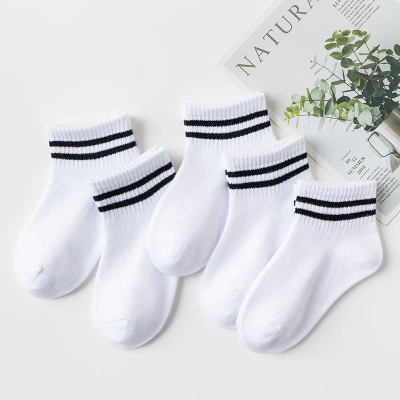 5 Pairs Children  Cotton Socks  Black, White, Gray For 1-12 Years