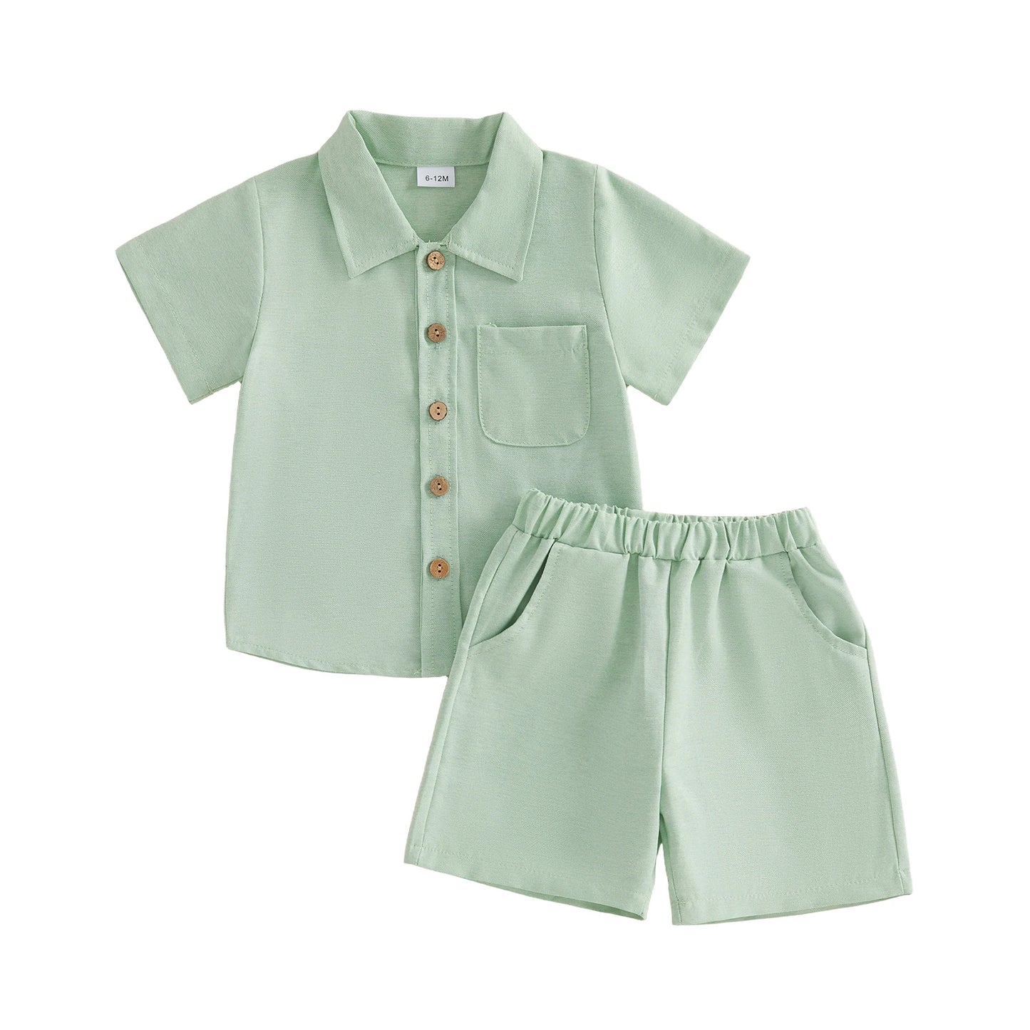 Boys Outfit Set with Short Sleeve Button Up Shirt and Solid Color Shorts