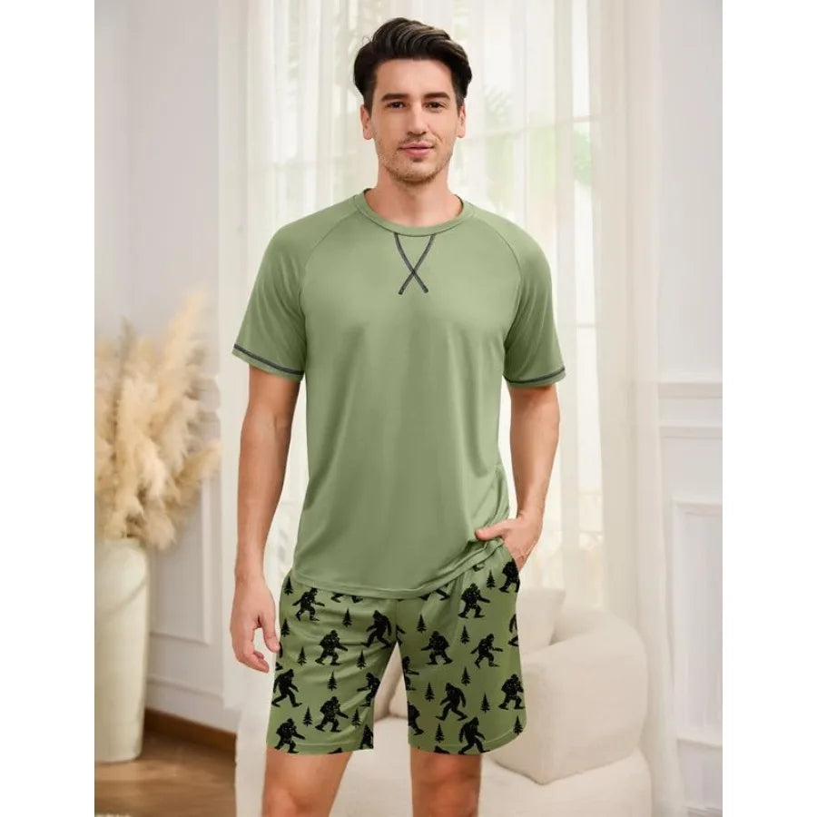 Men's Cotton Short Sleeve, Lightweight 2 Pieces Loungewear with Pockets