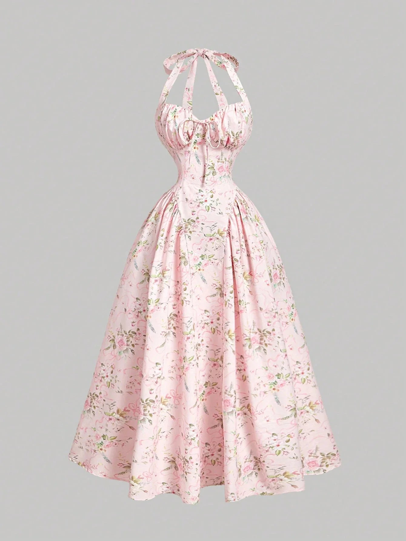 Pink Floral Halter Neck Midi Dress With Bow Tie Waist And Full Skirt