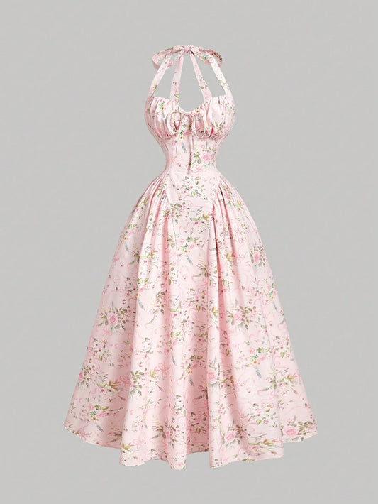 Pink Floral Halter Neck Midi Dress With Bow Tie Waist And Full Skirt