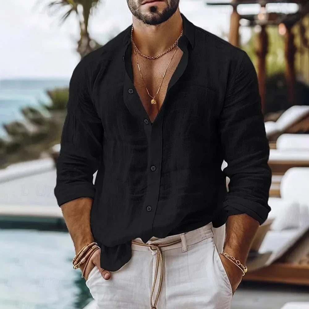Cotton Linen Shirt, Beach Style Solid Color Single Breasted Breathable, Lightweight Button Tops