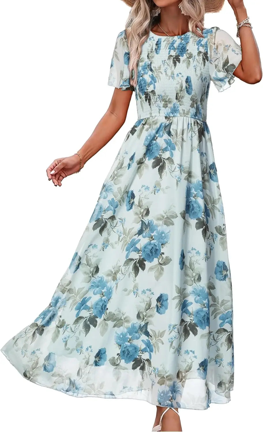 Womens Casual Floral Summer Maxi Dress 2026 Boho Flowy Short Sleeve Crew Neck Vacation Smocked Chiffon Dresses