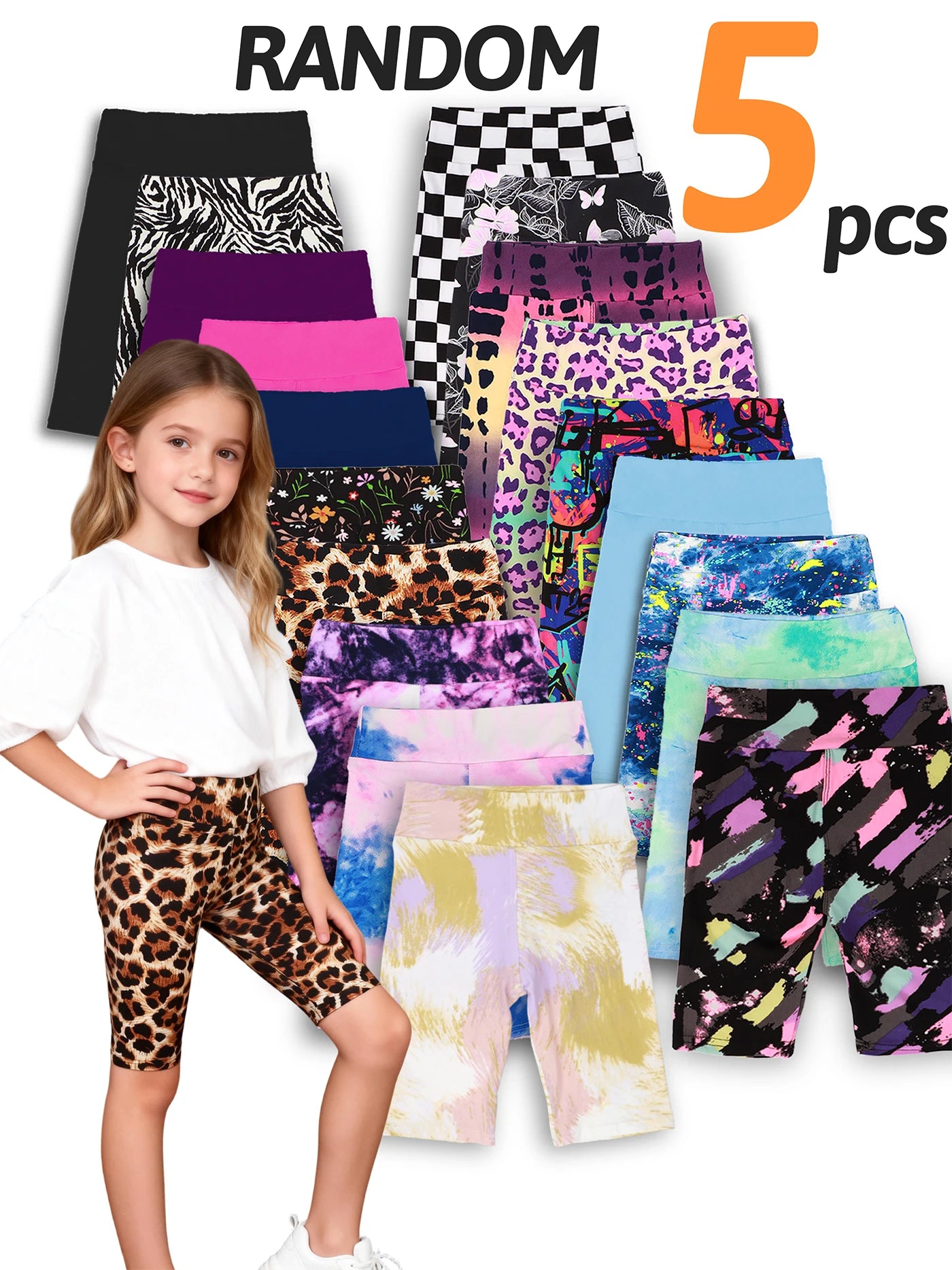 Random 5pcs girls yoga band soft stretchy biker shorts, high waist leggings for children