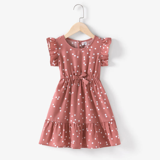 All Over Dots Pink Ruffle Flutter-sleeve Summer Dress