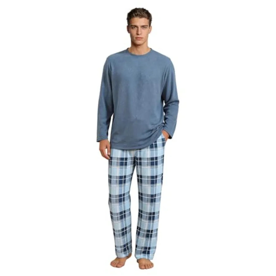 Men's Soft Cozy Long Sleeve Crewneck Sleepwear Plaid Pants with Pockets