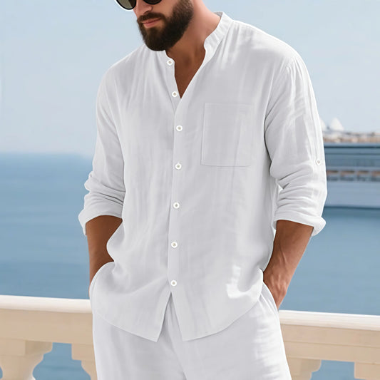 Men White Linen Button Down Long Sleeve Shirt Mandarin Collar Chest Pocket Roll Tab Cuff Loose Oversized & Breathable