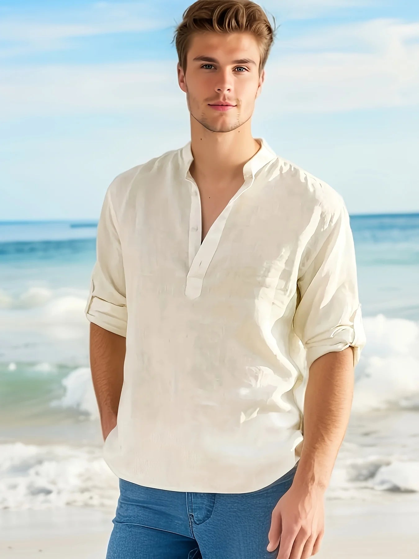 Men's Cotton Linen Shirt with Stand Collar, Long Sleeve, Loose Fit