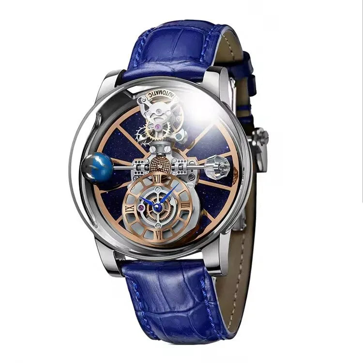 Man Wristwatch Transparent Hollow Design Celestial Roulette Quartz Watches Water Resistant Leather