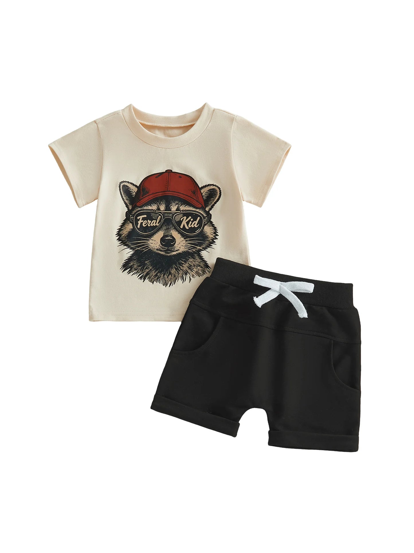 Boy s Summer Clothing Set with Adorable Raccoon Design Short Sleeve Top and Matching Shorts
