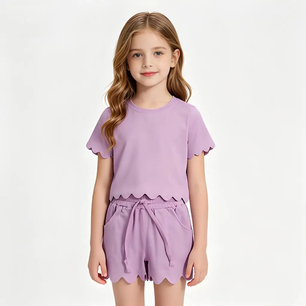 Cotton Clothes Sets with Short Sleeve Top Pockets And Scallop Shorts
