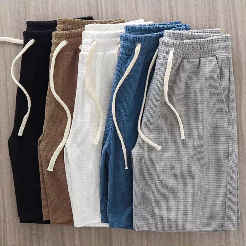 Men Shorts Solid Color Mid Waist, Waffle Texture Deep Crotch Drawstring, Loose Knee Length