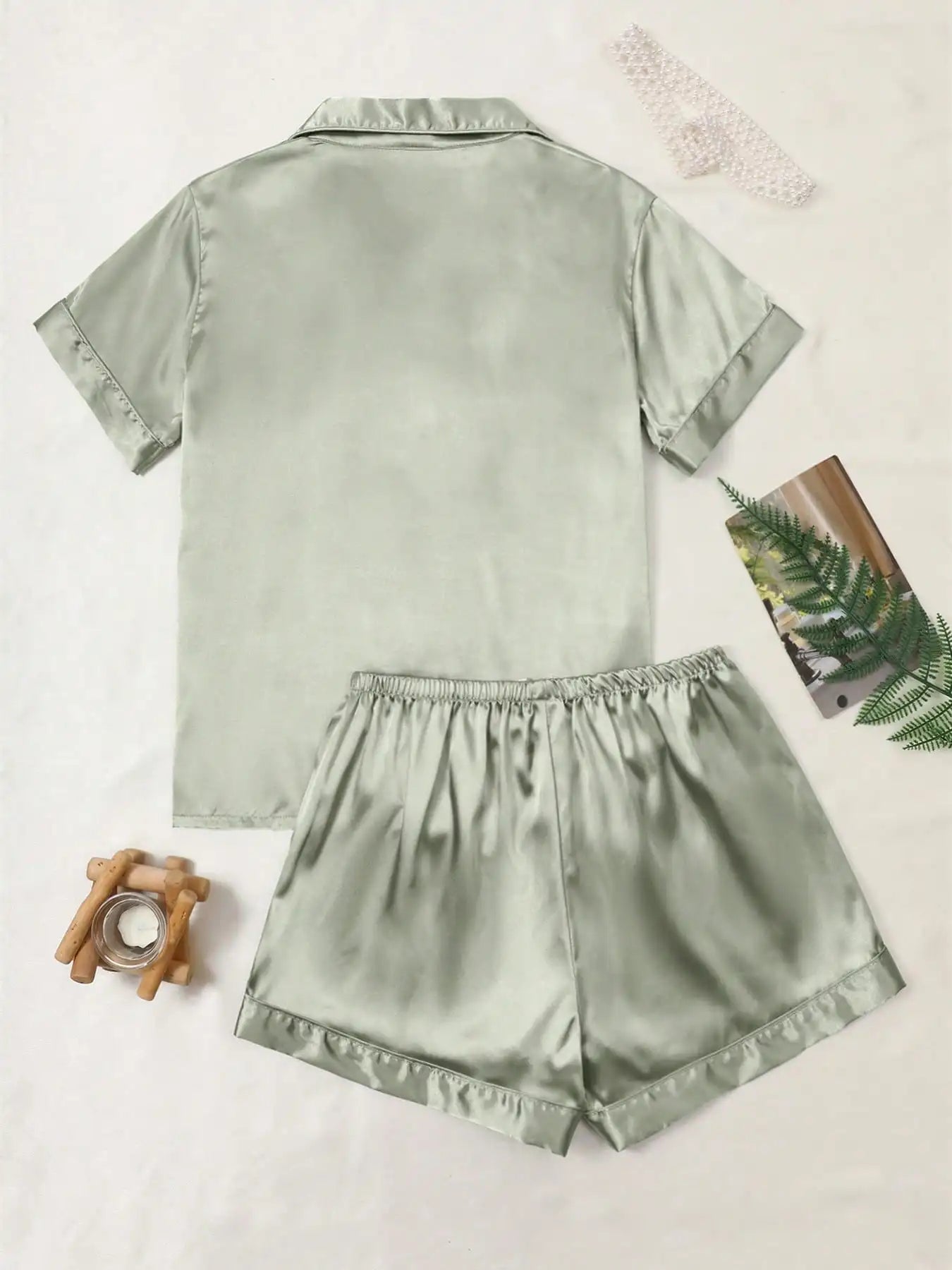 Satin Pajama Set - Short Sleeve Button-Up Top & Shorts
