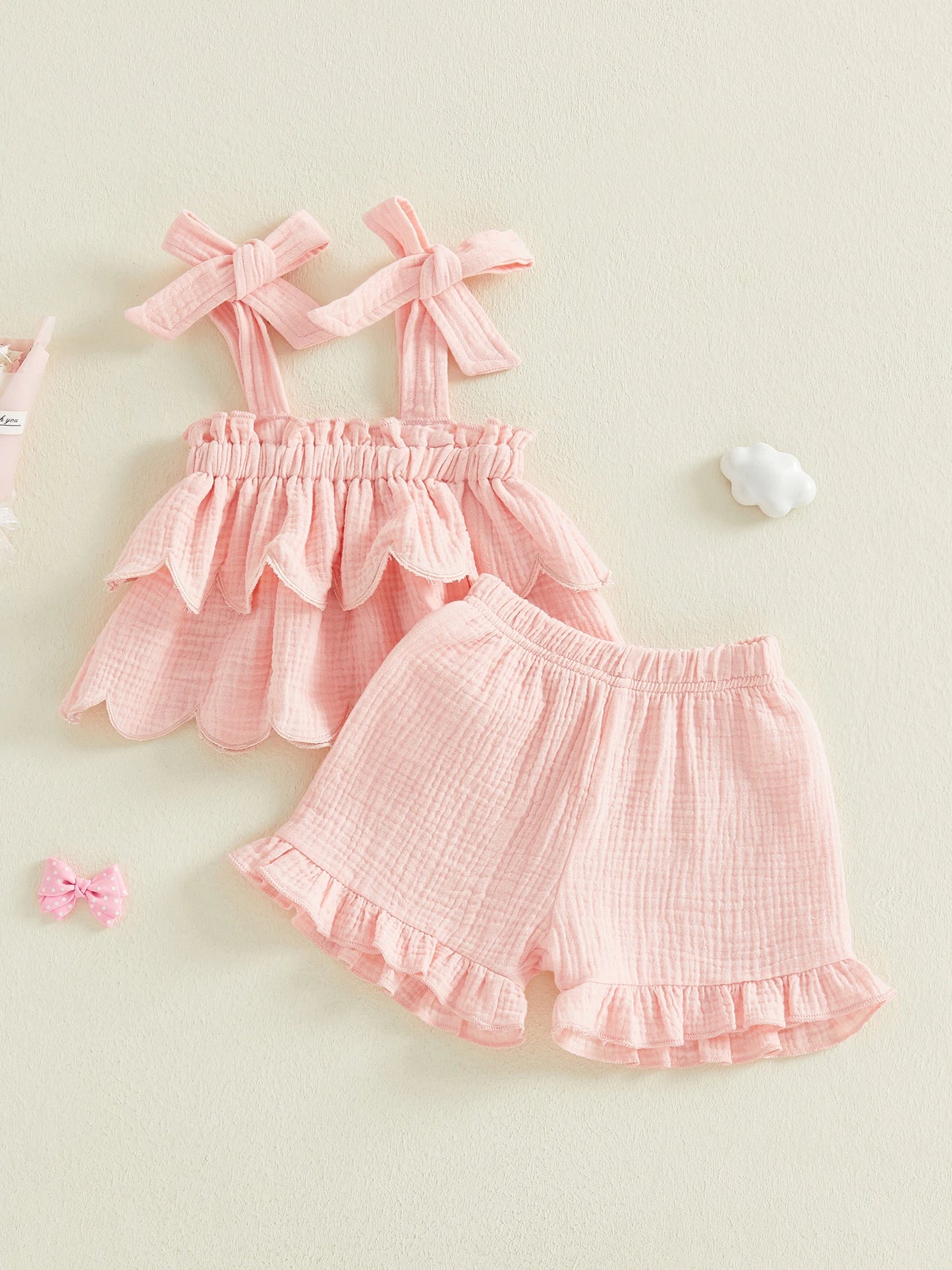 Sleeveless Crop Top and High Waisted Shorts Set with Ruffle Trim