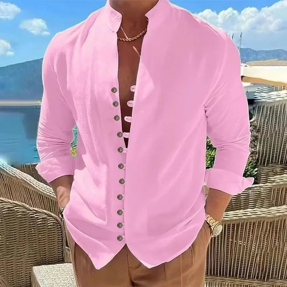 Men's Cotton Linen Shirt, Long-Sleeved, Solid Color Button Up