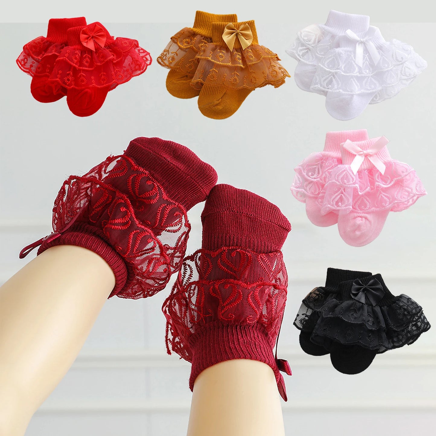6 pairs of baby girl mid-calf socks with lace ruffle trim, breathable and comfortable lace socks