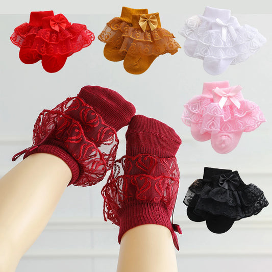6 pairs of baby girl mid-calf socks with lace ruffle trim, breathable and comfortable lace socks