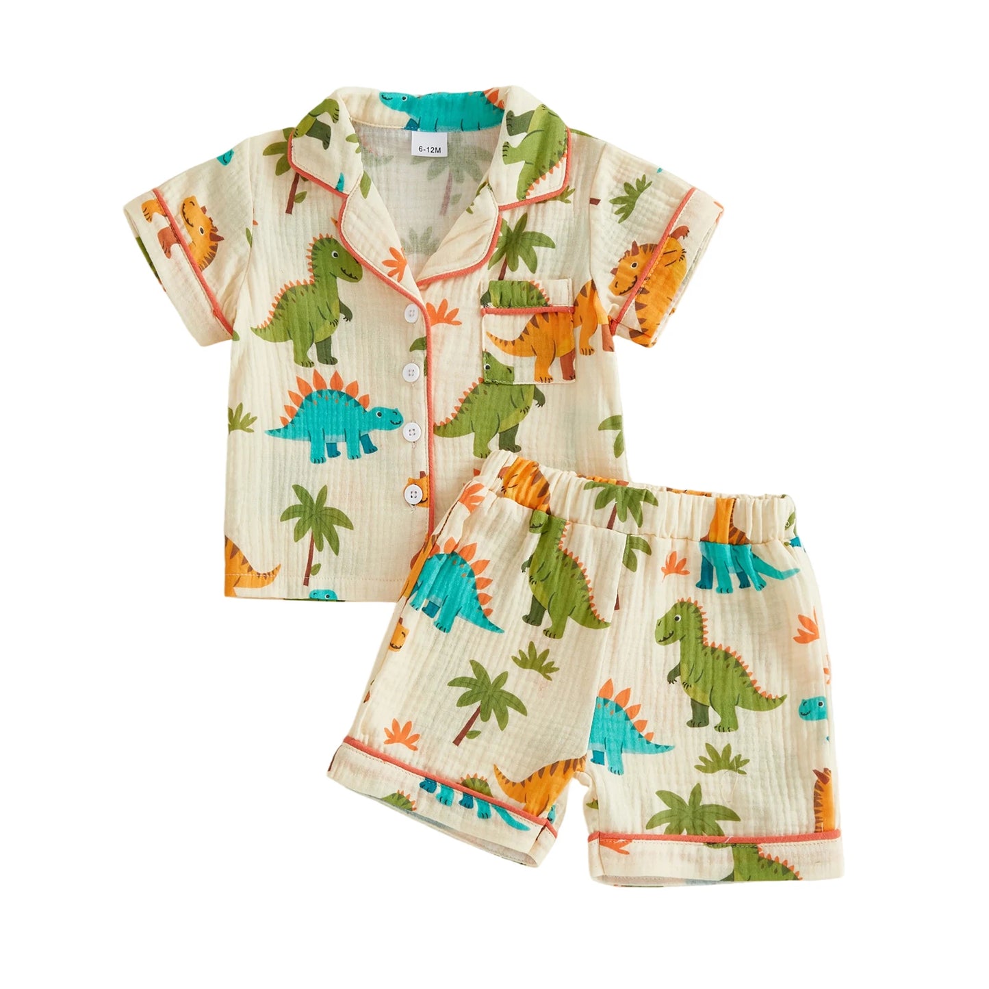Boy's Summer Ensemble with Fun Dino Tractor Design Stylish Button-Up Lapel V-Neck Shirt and Matching Shorts