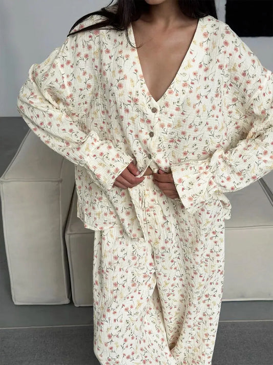100% Cotton Printed Cardigan Pajama Set Women's Long Sleeved Pants Pajamas Loose  2-piece Set