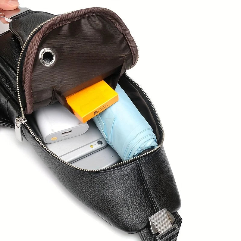 Men’s Vintage PU Leather Sling Bag – Large Capacity Crossbody Chest Bag with Multi-Pockets, Secure Buckle Closure