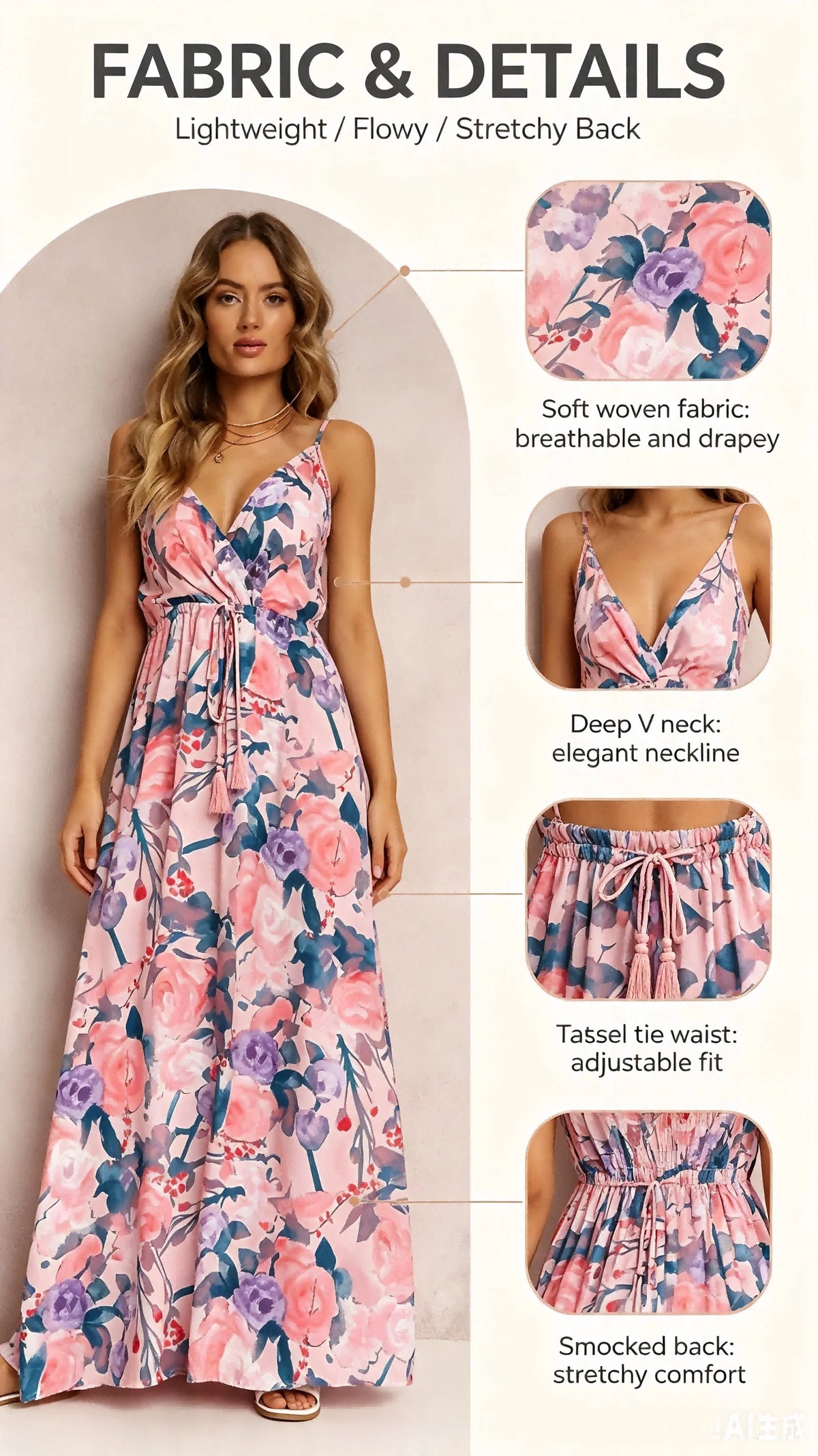 Women Watercolor Floral Print Maxi Dress V Neck Spaghetti Strap Tassel Tie Waist Smocked Back Summer Casual Long Sundress