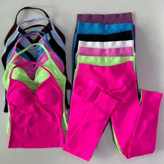 Seamless Gym Set Women Tank Tops High Waist Scrunch Yoga Leggings