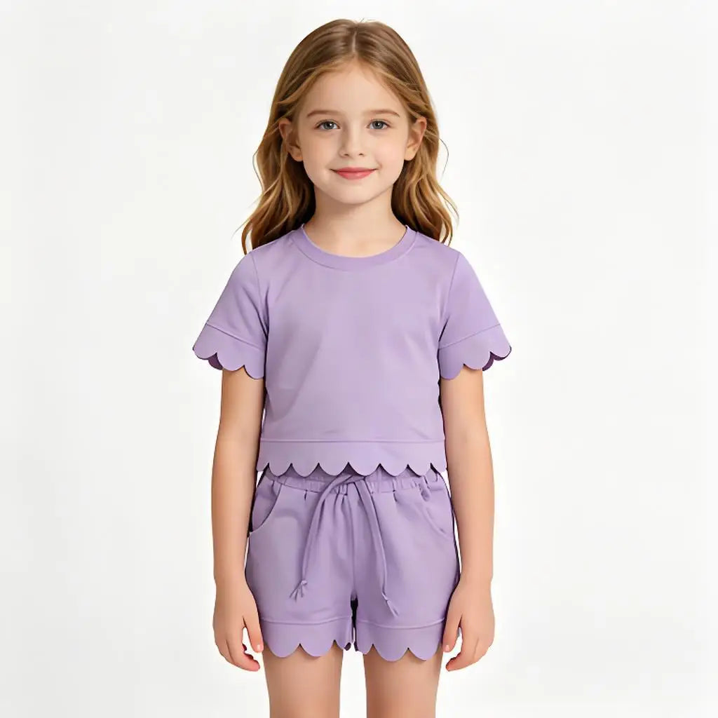 Cotton Clothes Sets with Short Sleeve Top Pockets And Scallop Shorts