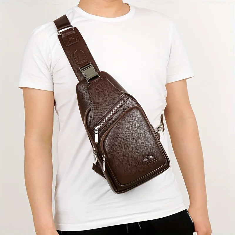 Men’s Vintage PU Leather Sling Bag – Large Capacity Crossbody Chest Bag with Multi-Pockets, Secure Buckle Closure