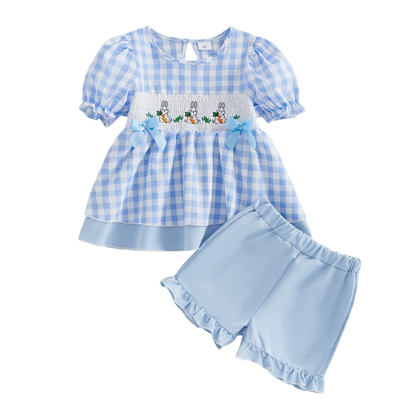 Girls Outfit Set with Bunny Embroidery Plaid Shorts and Round Neck Top